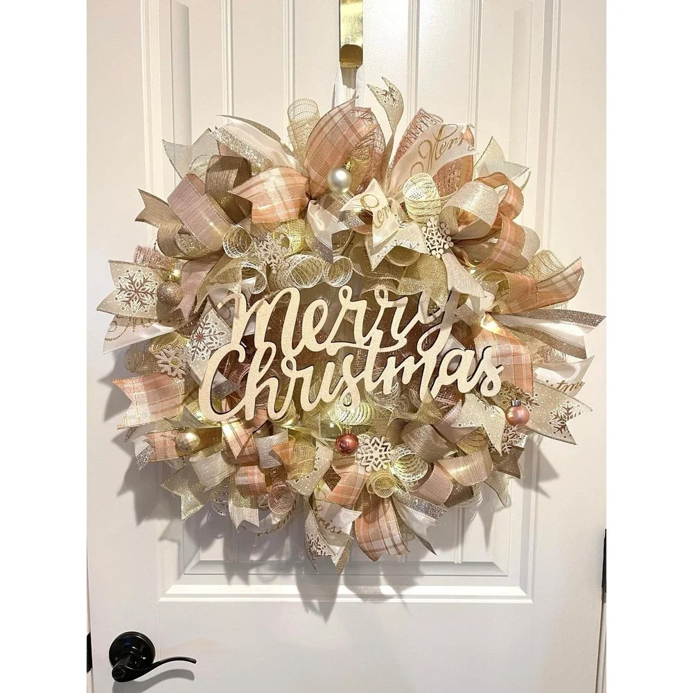 Christmas Snowflake Holiday Ribbon Door Wreath Handmade 22 ins LED W12 Gold Pink
